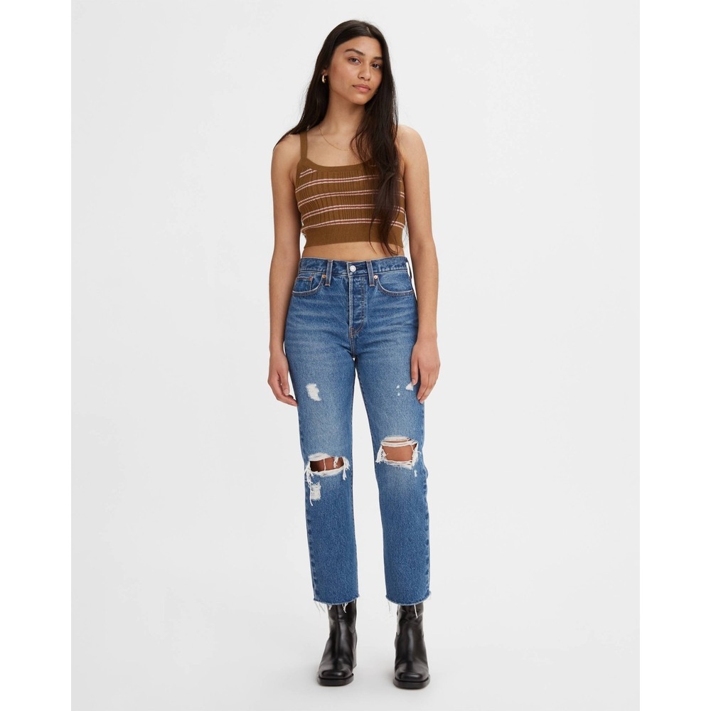 Levi's Premium Wedgie Straight Jeans Womens 28 Blue Cotton Distressed Raw Hem
